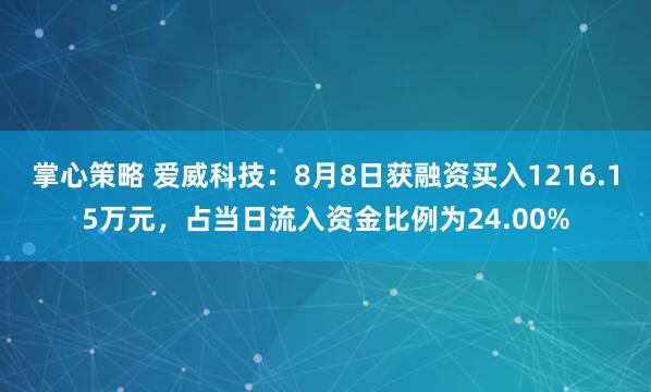 掌心策略 爱威科技：8月8日获融资买入1216.15万元，占当日流入资金比例为24.00%