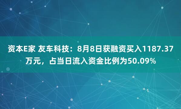 资本E家 友车科技：8月8日获融资买入1187.37万元，占当日流入资金比例为50.09%